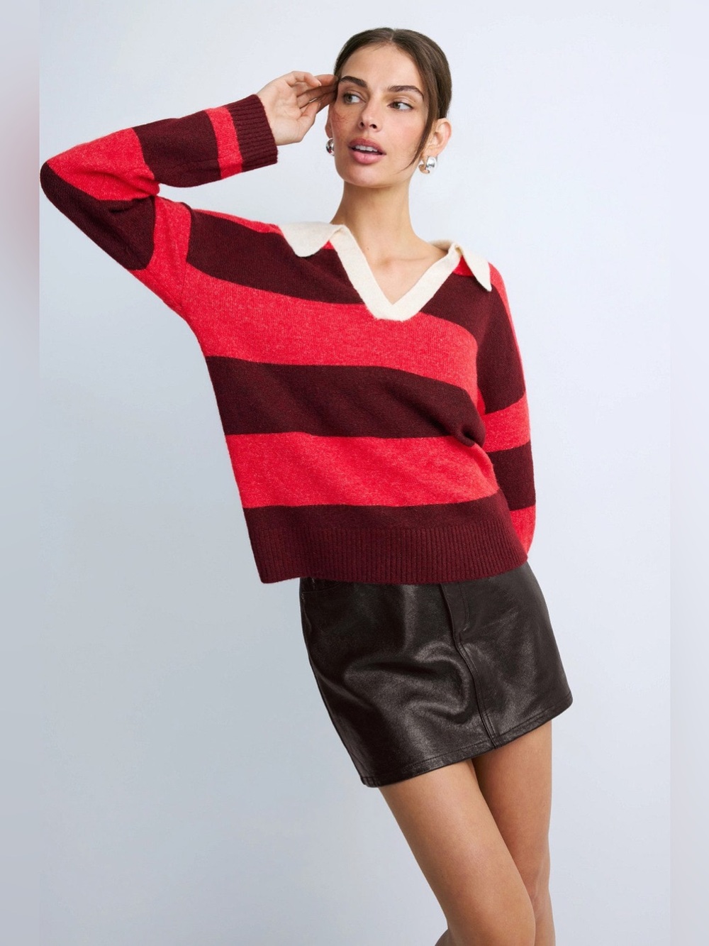 Central Park West Red & Burgundy Striped V-Neck Sweater with Cream Collar